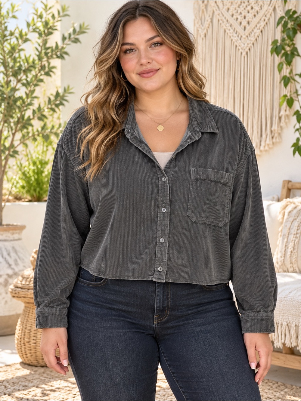 American Eagle Outfitters Gray Corduroy Button Down Size XL